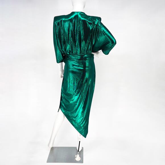 Zhivago Picture This Wrap Dress Women’s 6 Emerald Metallic Shoulder Pad Midi - Picture 5 of 5